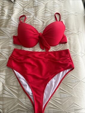 SHEIN Red Ribbed High-Waist Bikini Set